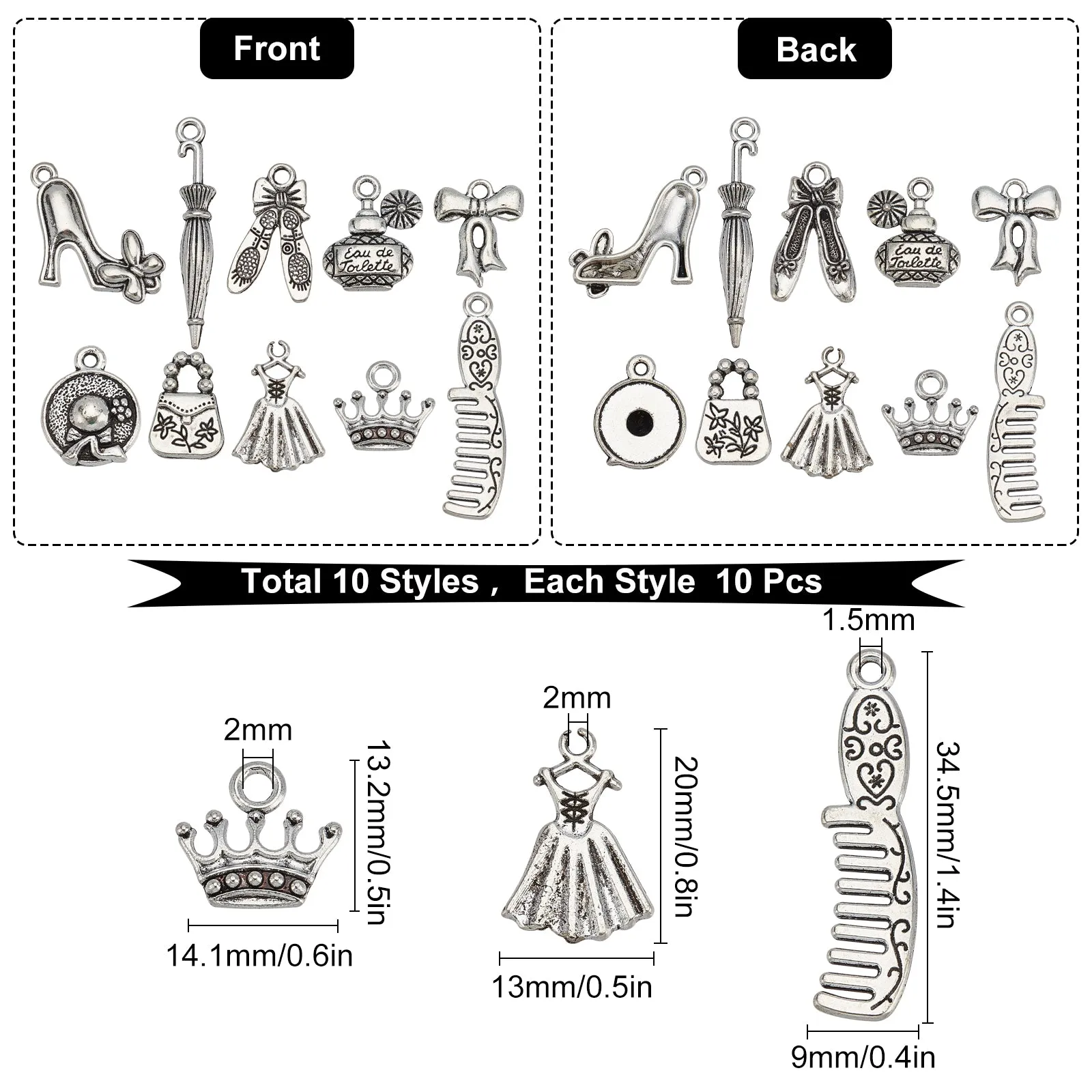 100Pcs 10 Style Girl Theme Tibetan Style Alloy Pendants, Mixed Shapes, Antique Silver, 13.2~35x11~35x1.5~4mm, 10pcs/style