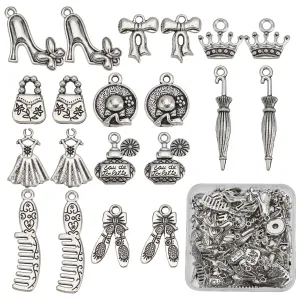100Pcs 10 Style Girl Theme Tibetan Style Alloy Pendants, Mixed Shapes, Antique Silver, 13.2~35x11~35x1.5~4mm, 10pcs/style