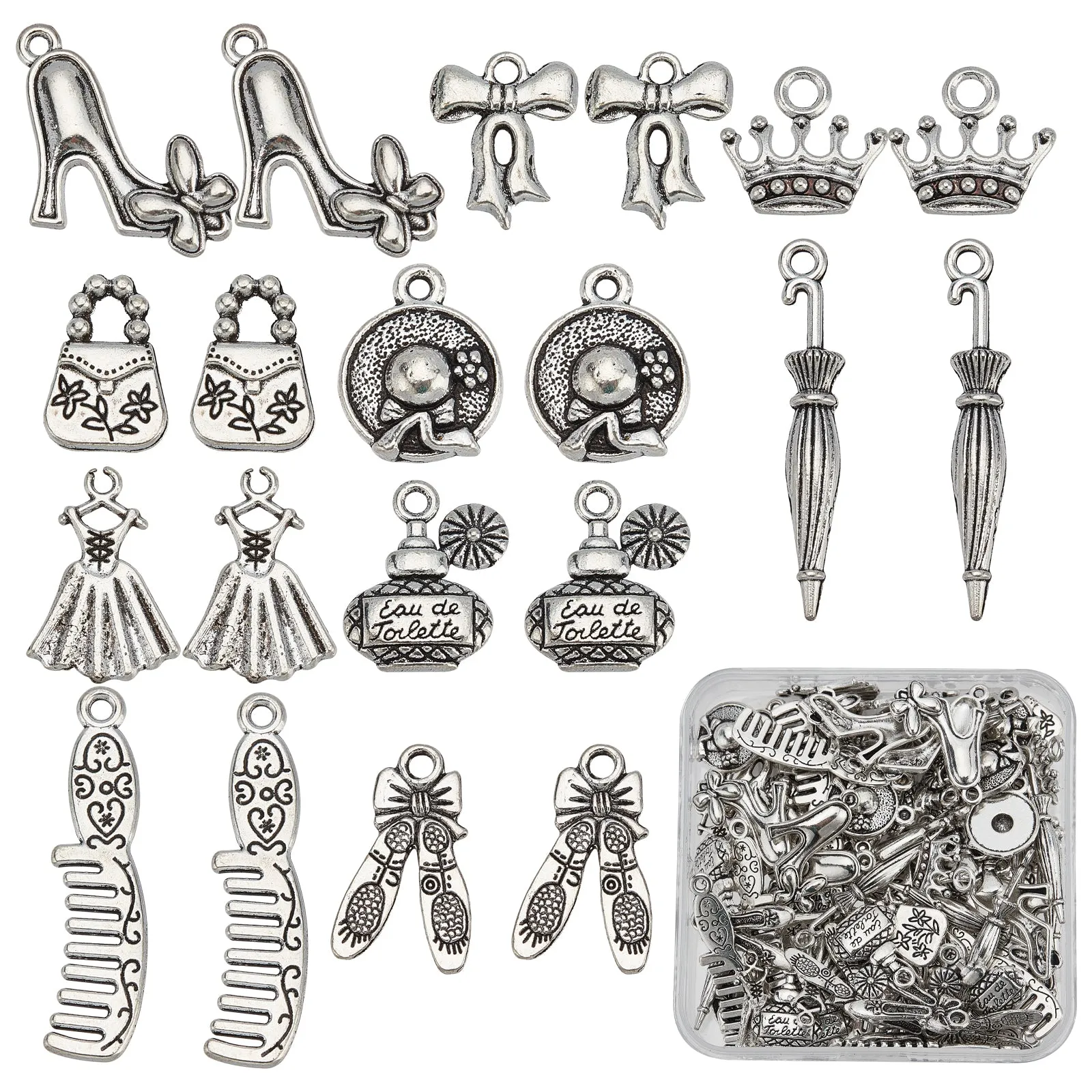 100Pcs 10 Style Girl Theme Tibetan Style Alloy Pendants, Mixed Shapes, Antique Silver, 13.2~35x11~35x1.5~4mm, 10pcs/style