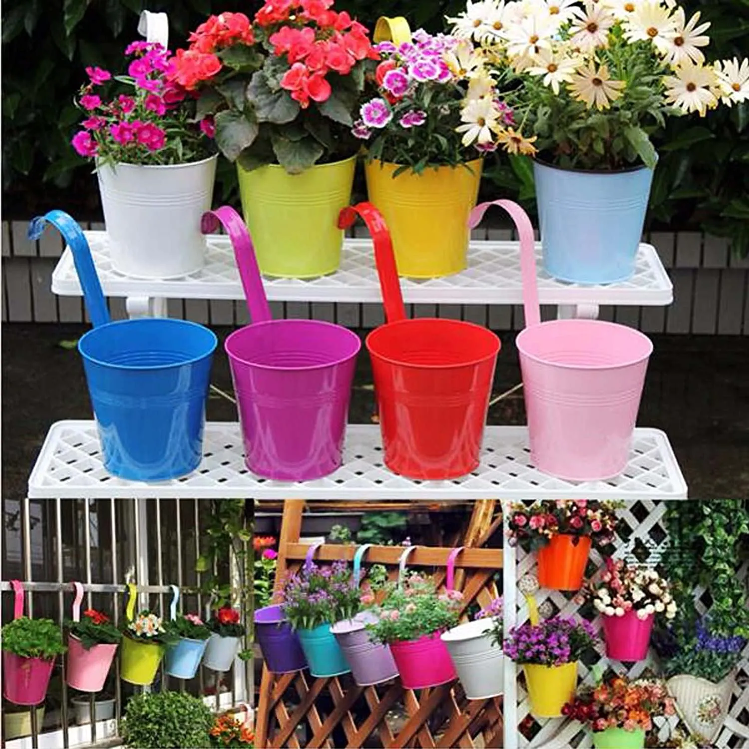 10pcs Colorful Hanging Planter Pots, Metal Hanging Flower Pots With Drainage Hole
