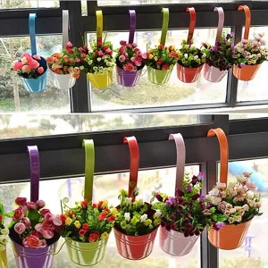 10pcs Colorful Hanging Planter Pots, Metal Hanging Flower Pots With Drainage Hole