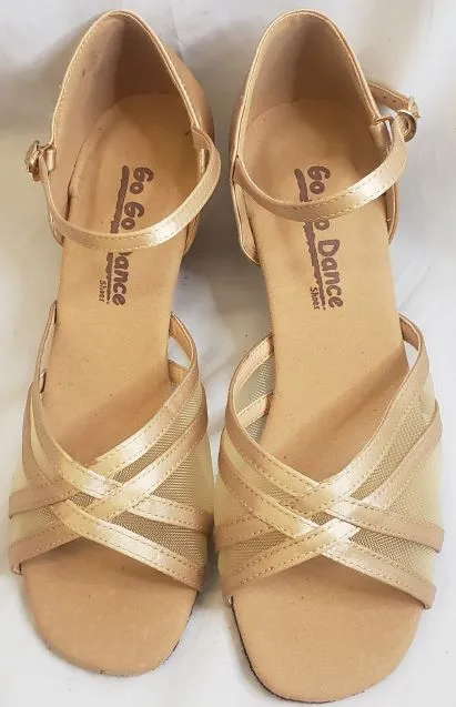 1.3" Harla -- Women's Thick Heel Latin Sandal -- Light Tan Satin