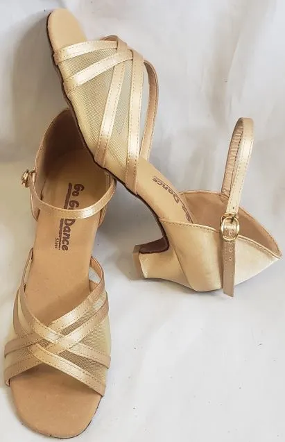 1.3" Harla -- Women's Thick Heel Latin Sandal -- Light Tan Satin