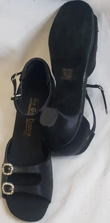 1.3" Mary -- Women's Thick Heel Latin Sandal -- Black Satin