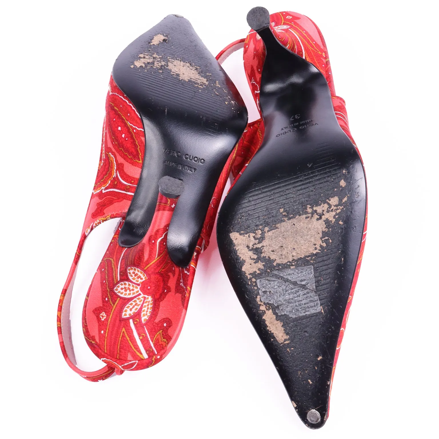 2000s Dolce & Gabbana Red Print Slingback Shoes w Red Beaded Gems