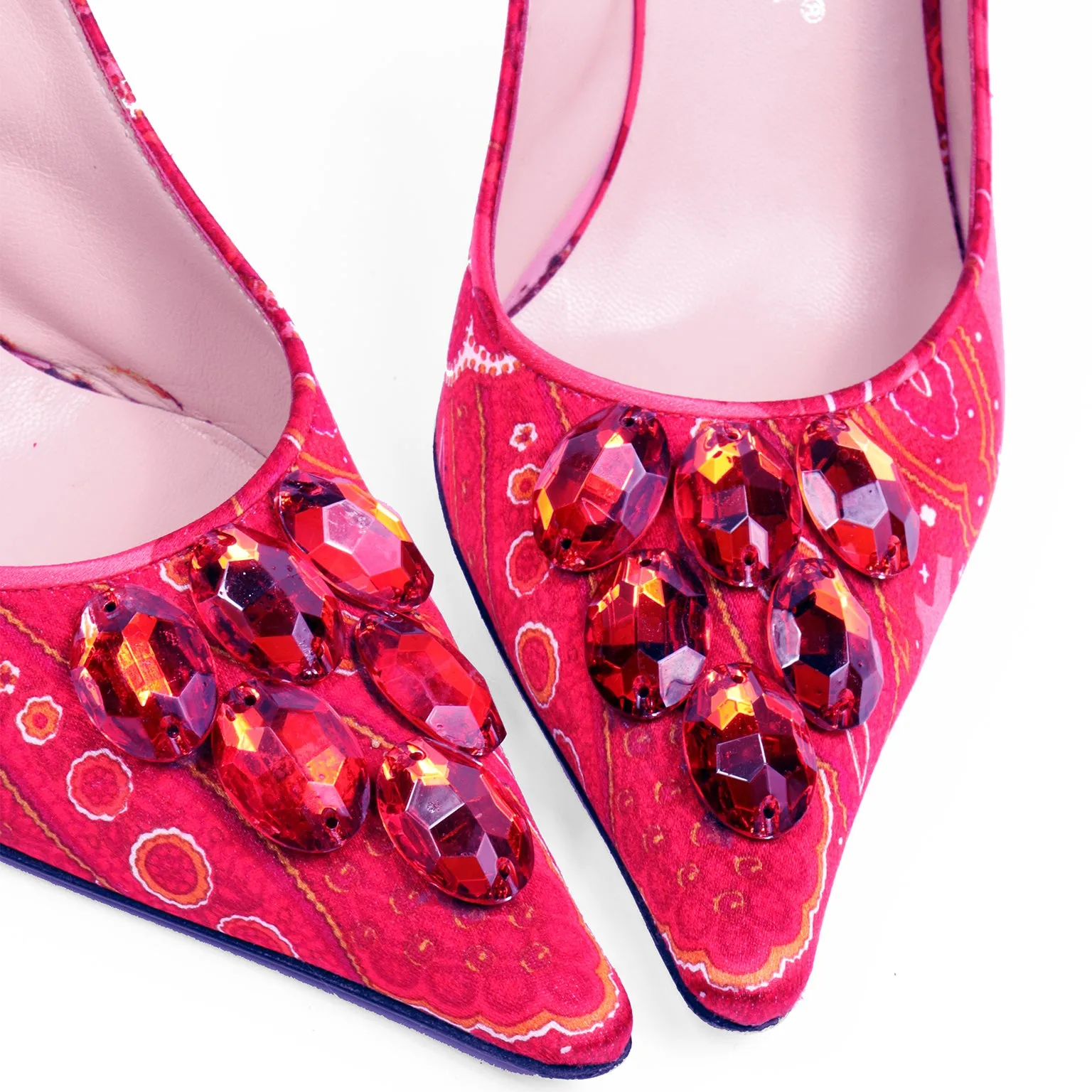 2000s Dolce & Gabbana Red Print Slingback Shoes w Red Beaded Gems