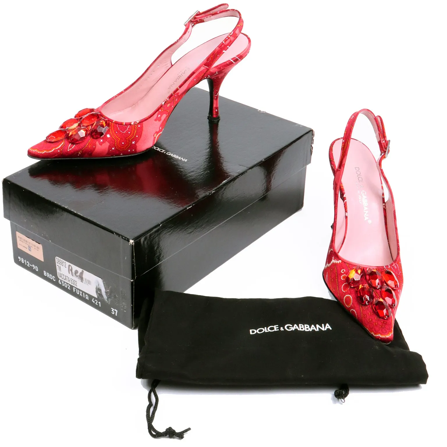 2000s Dolce & Gabbana Red Print Slingback Shoes w Red Beaded Gems