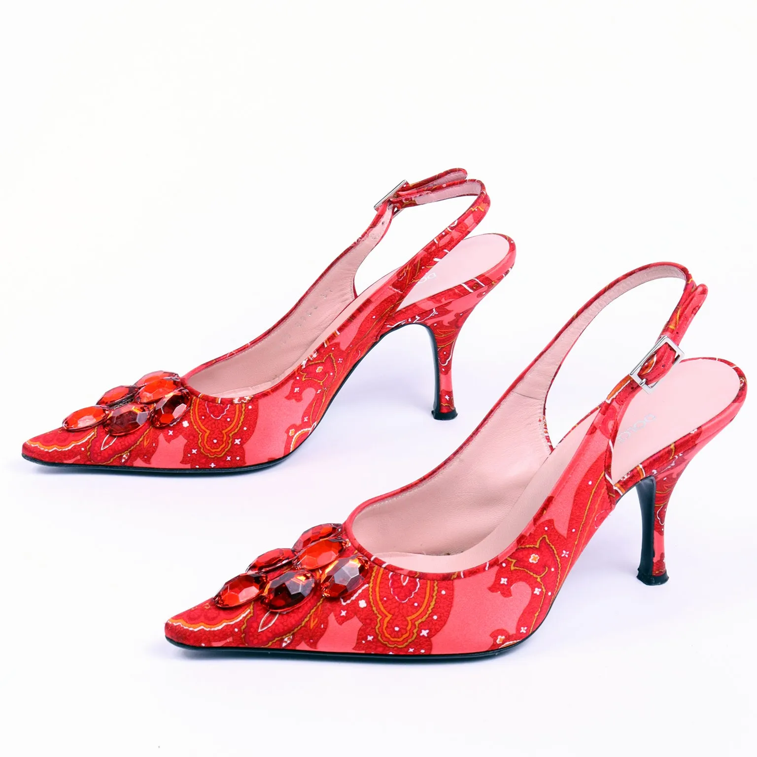 2000s Dolce & Gabbana Red Print Slingback Shoes w Red Beaded Gems