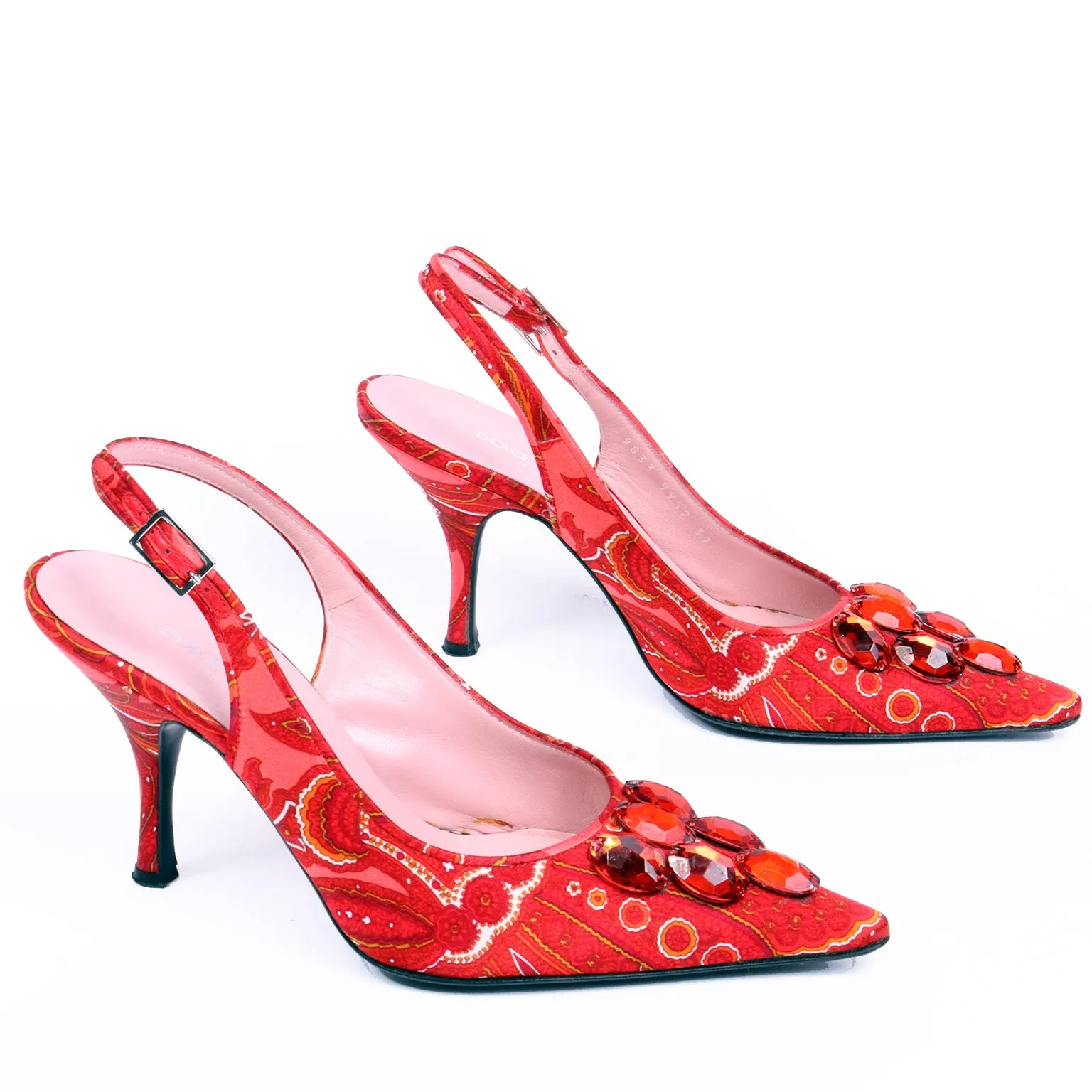 2000s Dolce & Gabbana Red Print Slingback Shoes w Red Beaded Gems