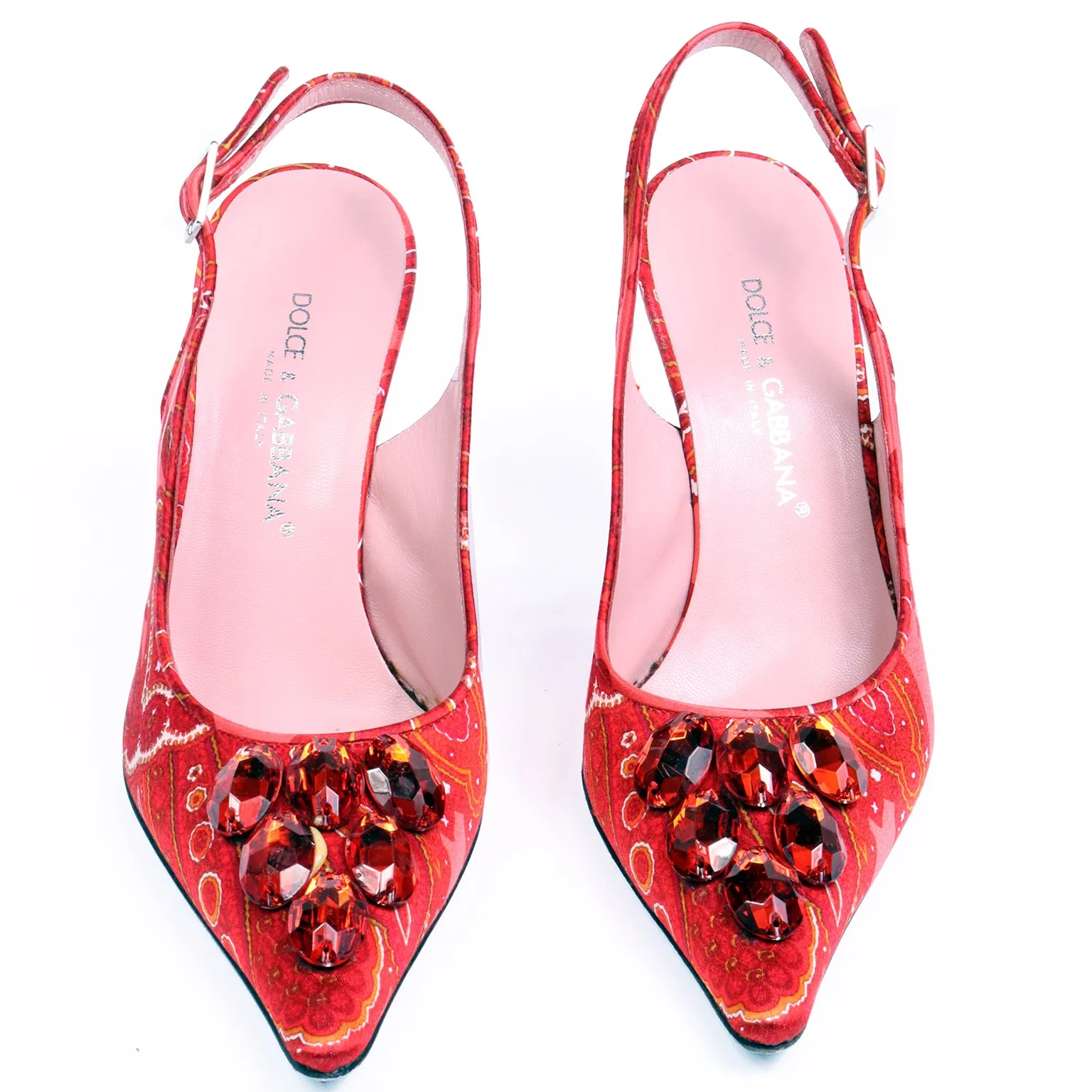 2000s Dolce & Gabbana Red Print Slingback Shoes w Red Beaded Gems