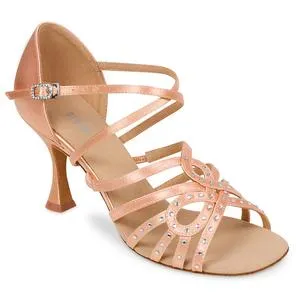 2.5" Hope -- Flare Heel Latin Sandal with Rhinestones -- Tan Satin