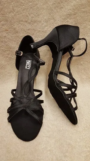 2.75" Rihanna - Flare Heel Latin Sandal -- Black Satin
