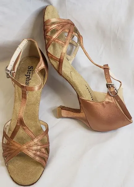 2" Wania -- Women's Flare Heel Latin Sandal -- Dark Tan Satin
