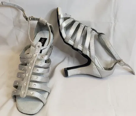 3.38" Brittany -- Flare Heel Latin Sandal -- Silver Satin