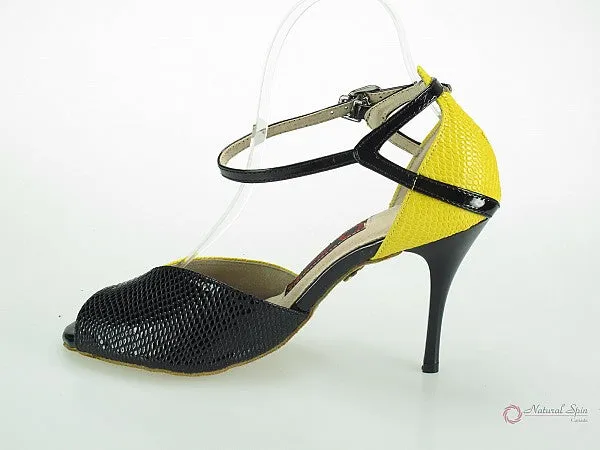 3.5" Irene -- Ultra Slim Heel Latin Sandal -- Yellow/ Black Snake Paint PU with Black Patent Heel