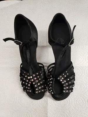 3" Crystal Ray -- Women's Latin Ballroom Sandals -- Black Satin