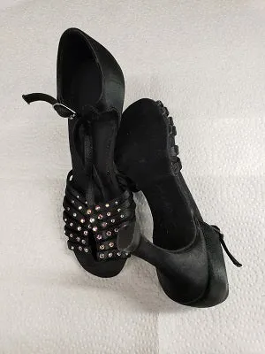 3" Crystal Ray -- Women's Latin Ballroom Sandals -- Black Satin