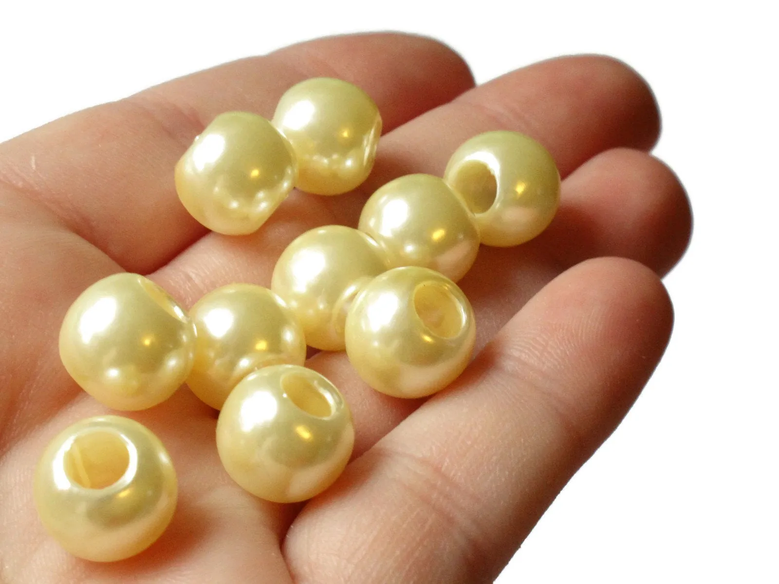 40 12mm Pale Yellow Large Hole Pearls Antique Ivory European Beads