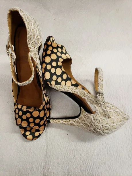 4" Tatiana -- Women's Latin Sandal -- Gold Polka Dot Lace/Satin