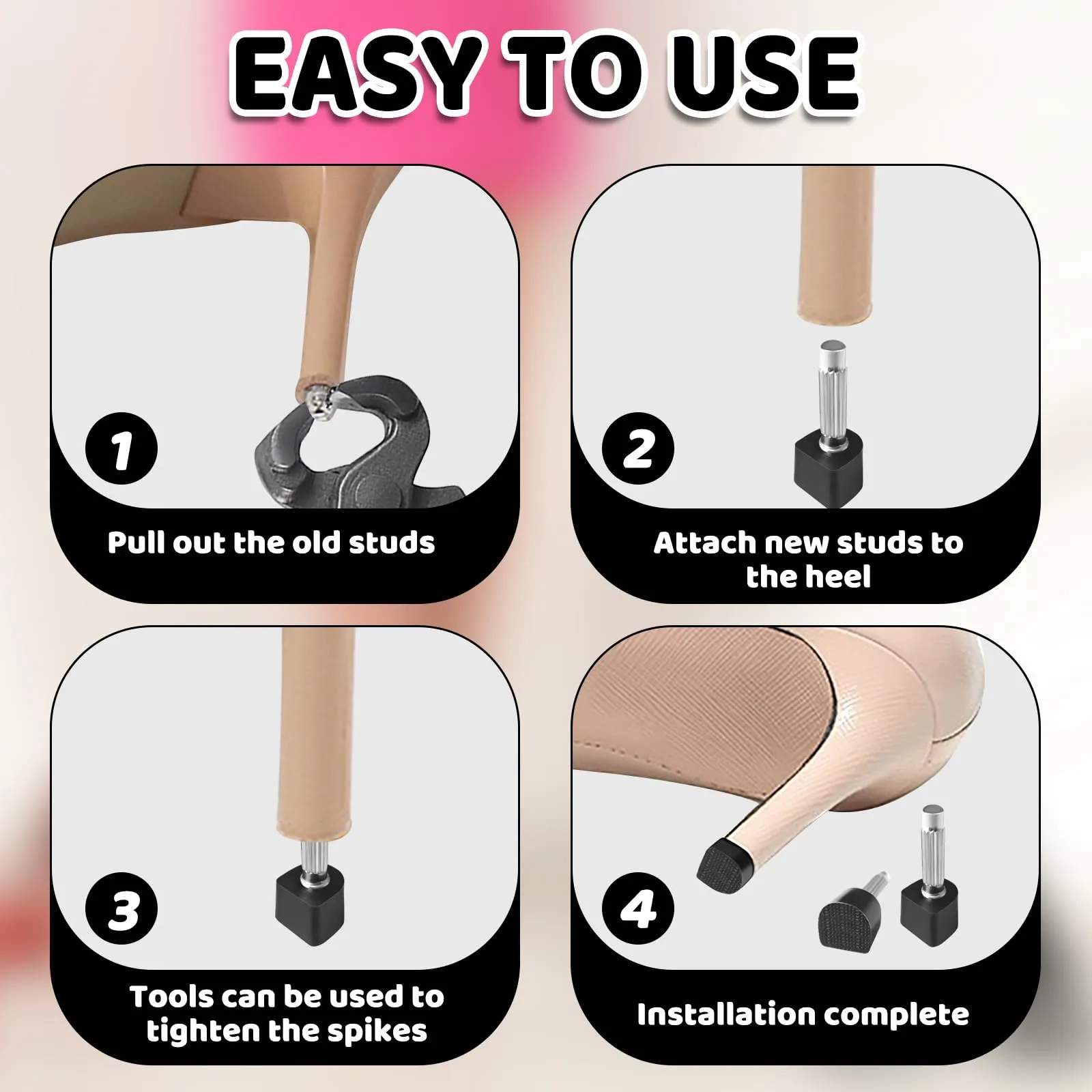 5 pairs of heel protectors for high heels - U-shaped replacement tips for dance shoes, non-slip and wear-resistant - black with metal pins - heel protectors for pumps and high heels