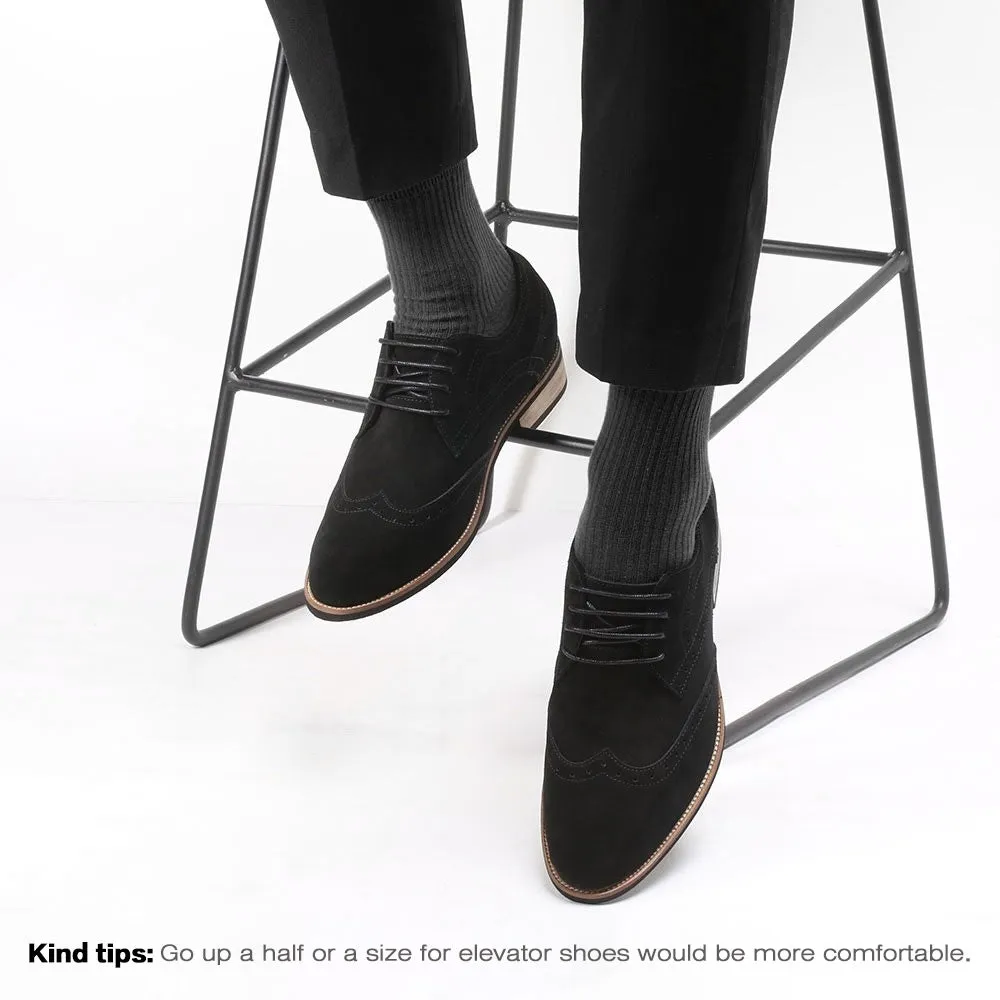 7CM /2.76 Inches CMR CHAMARIPA Elevator Shoes High Heel Men Dress Shoes Height Increasing Black Suede Wingtip Brogues