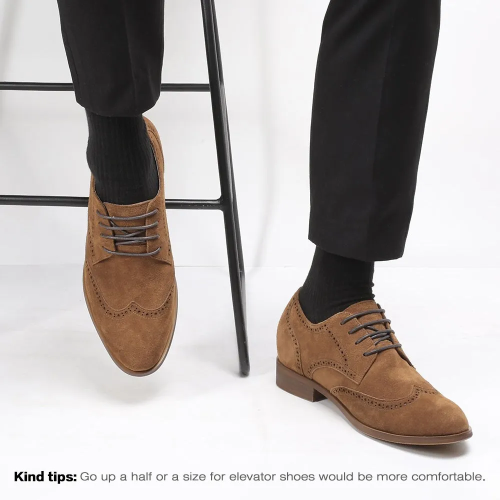 7CM /2.76 Inches CMR CHAMARIPA Elevator Shoes High Heel Men Dress Shoes Height Increasing Black Suede Wingtip Brogues