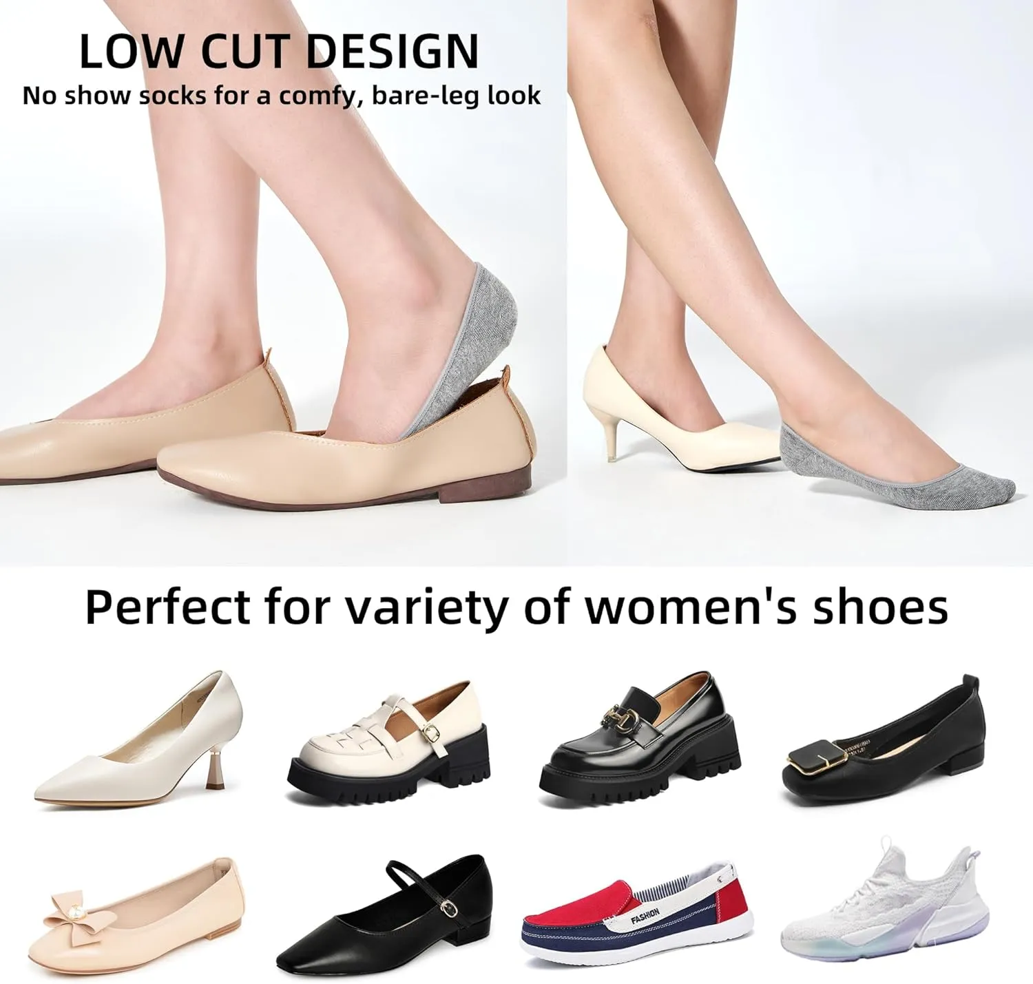8 Pairs Women's No Show Socks - Ultra Low Cut, Non-Slip Silicone Grip, Invisible Liner for Flats and Boat Shoes, US Sizes 5-9, Gray