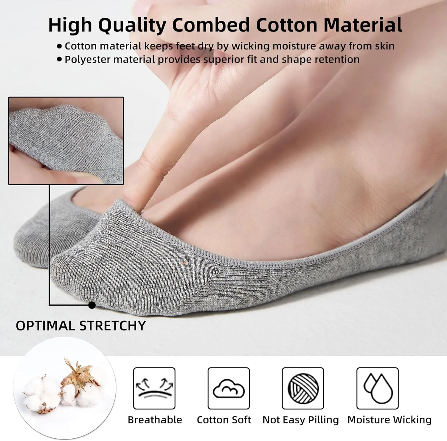 8 Pairs Women's No Show Socks - Ultra Low Cut, Non-Slip Silicone Grip, Invisible Liner for Flats and Boat Shoes, US Sizes 5-9, Gray