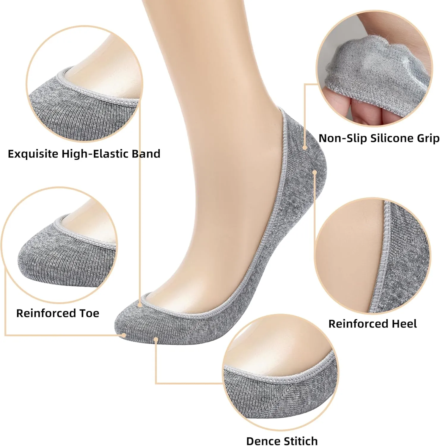 8 Pairs Women's No Show Socks - Ultra Low Cut, Non-Slip Silicone Grip, Invisible Liner for Flats and Boat Shoes, US Sizes 5-9, Gray