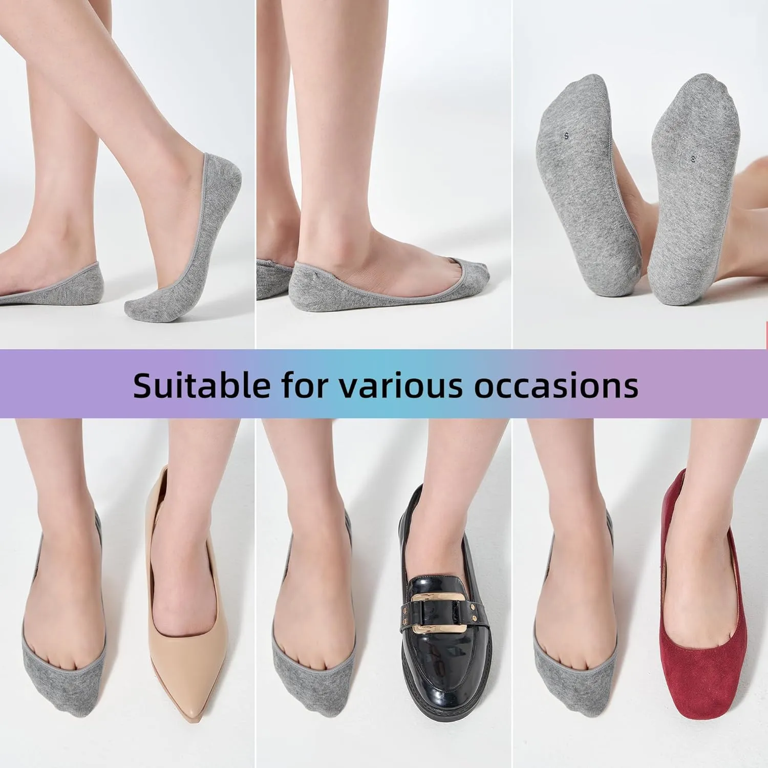 8 Pairs Women's No Show Socks - Ultra Low Cut, Non-Slip Silicone Grip, Invisible Liner for Flats and Boat Shoes, US Sizes 5-9, Gray