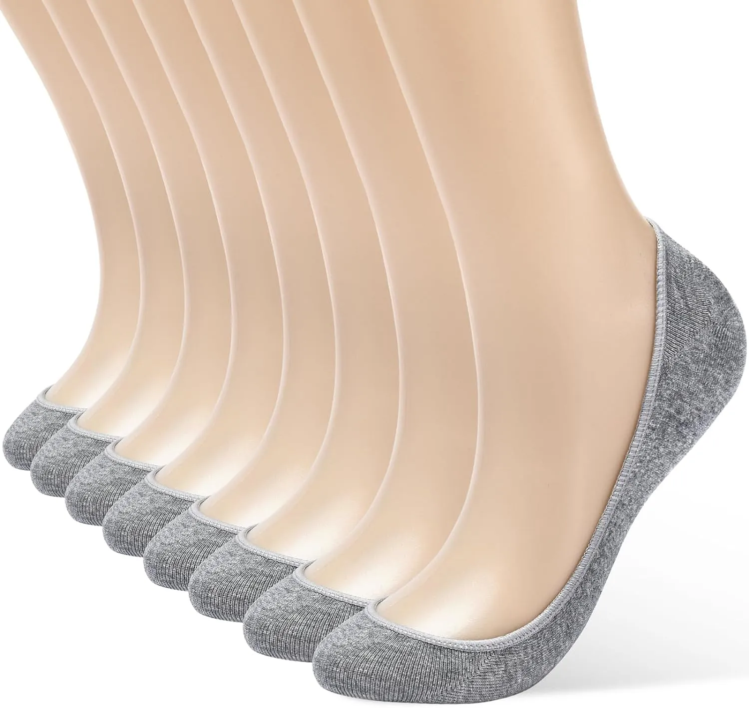 8 Pairs Women's No Show Socks - Ultra Low Cut, Non-Slip Silicone Grip, Invisible Liner for Flats and Boat Shoes, US Sizes 5-9, Gray