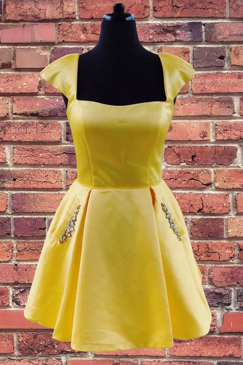 A-Line Cap Sleeves Short Prom Homecoming Dress with Beaded Pockets