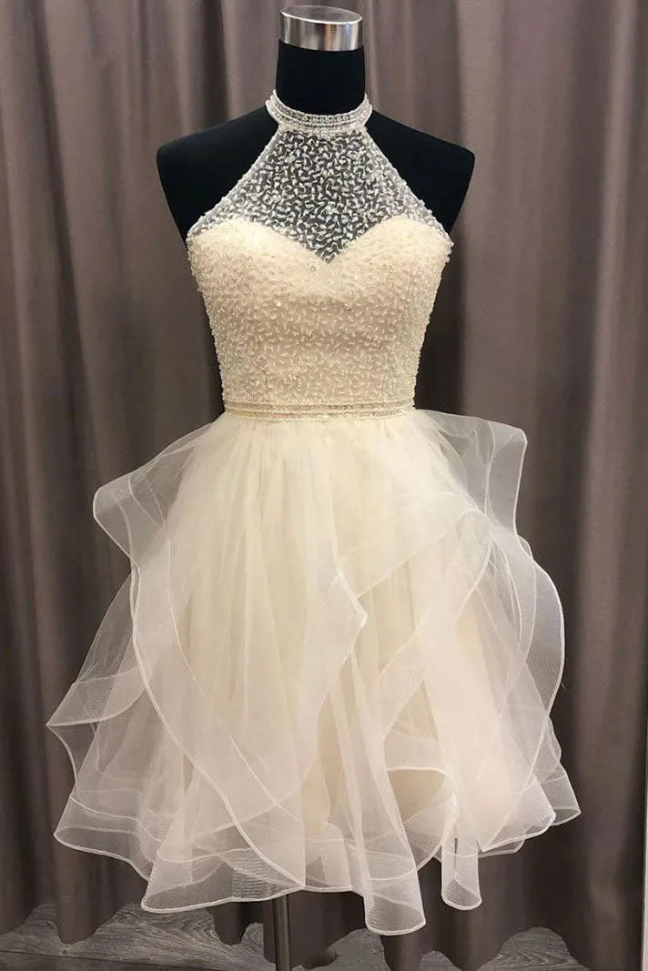 A-line Halter Tulle Beads Short Prom Dress Open Back Cute Homecoming Dress GM541