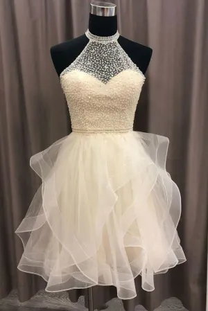 A-line Halter Tulle Beads Short Prom Dress Open Back Cute Homecoming Dress GM541