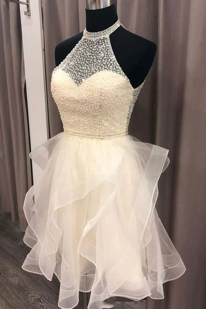 A-line Halter Tulle Beads Short Prom Dress Open Back Cute Homecoming Dress GM541