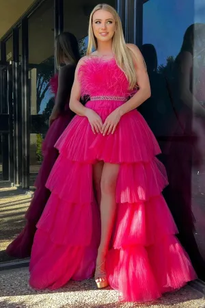A-line High-Low Strapless Ruffled Tulle Prom Dress with Feathers