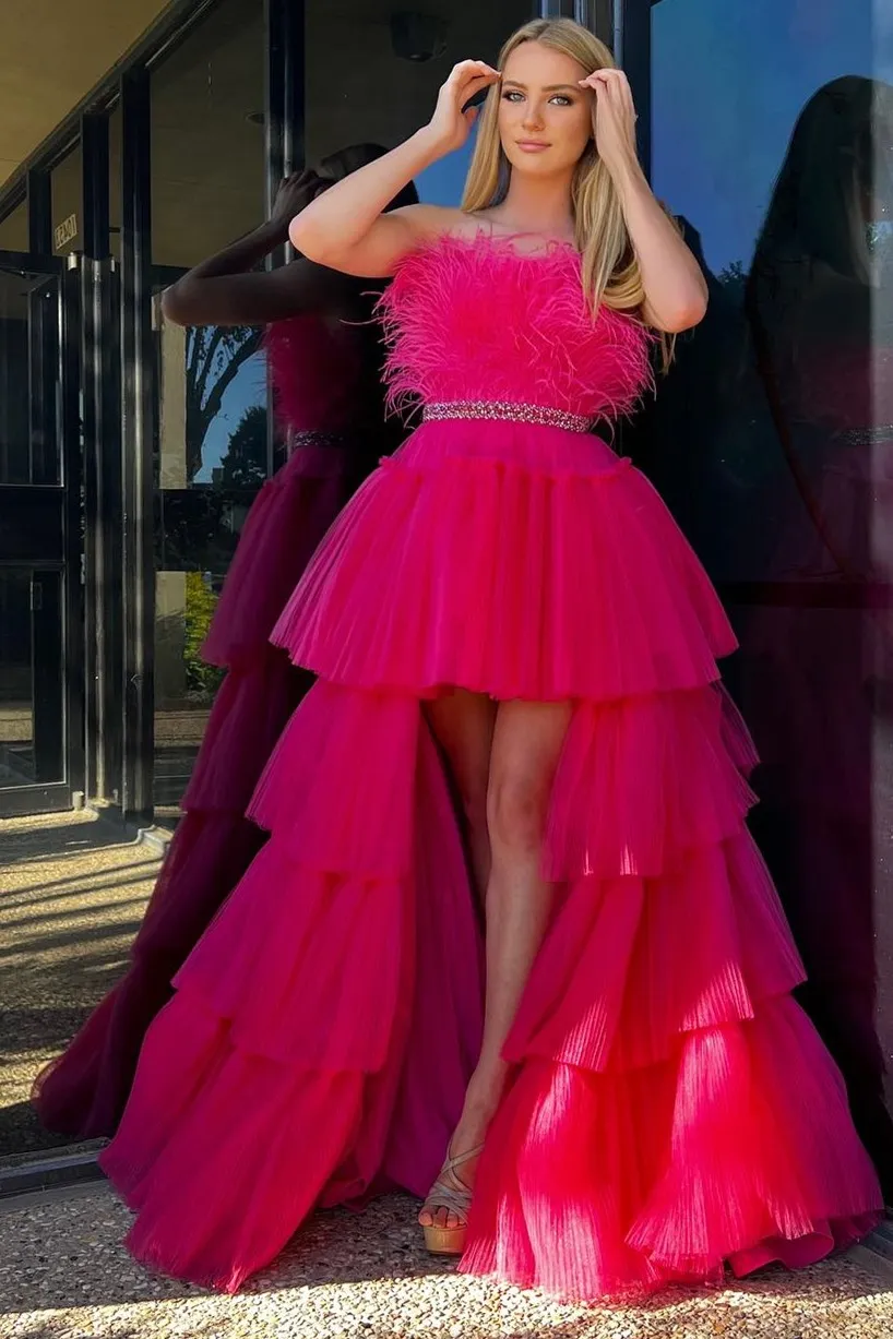 A-line High-Low Strapless Ruffled Tulle Prom Dress with Feathers