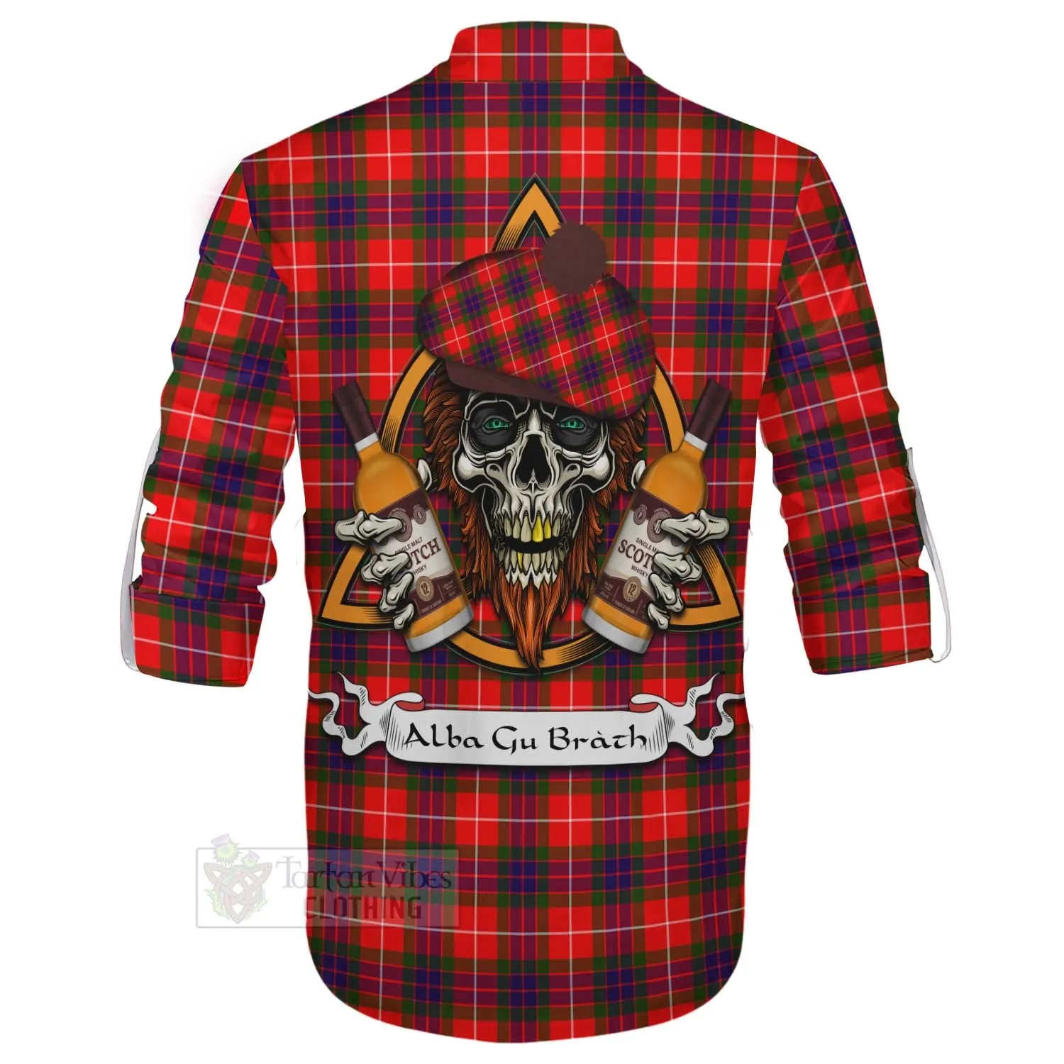 Abernethy Tartan Ghillie Kilt Shirt with Family Crest and Bearded Skull Holding Bottles of Whiskey