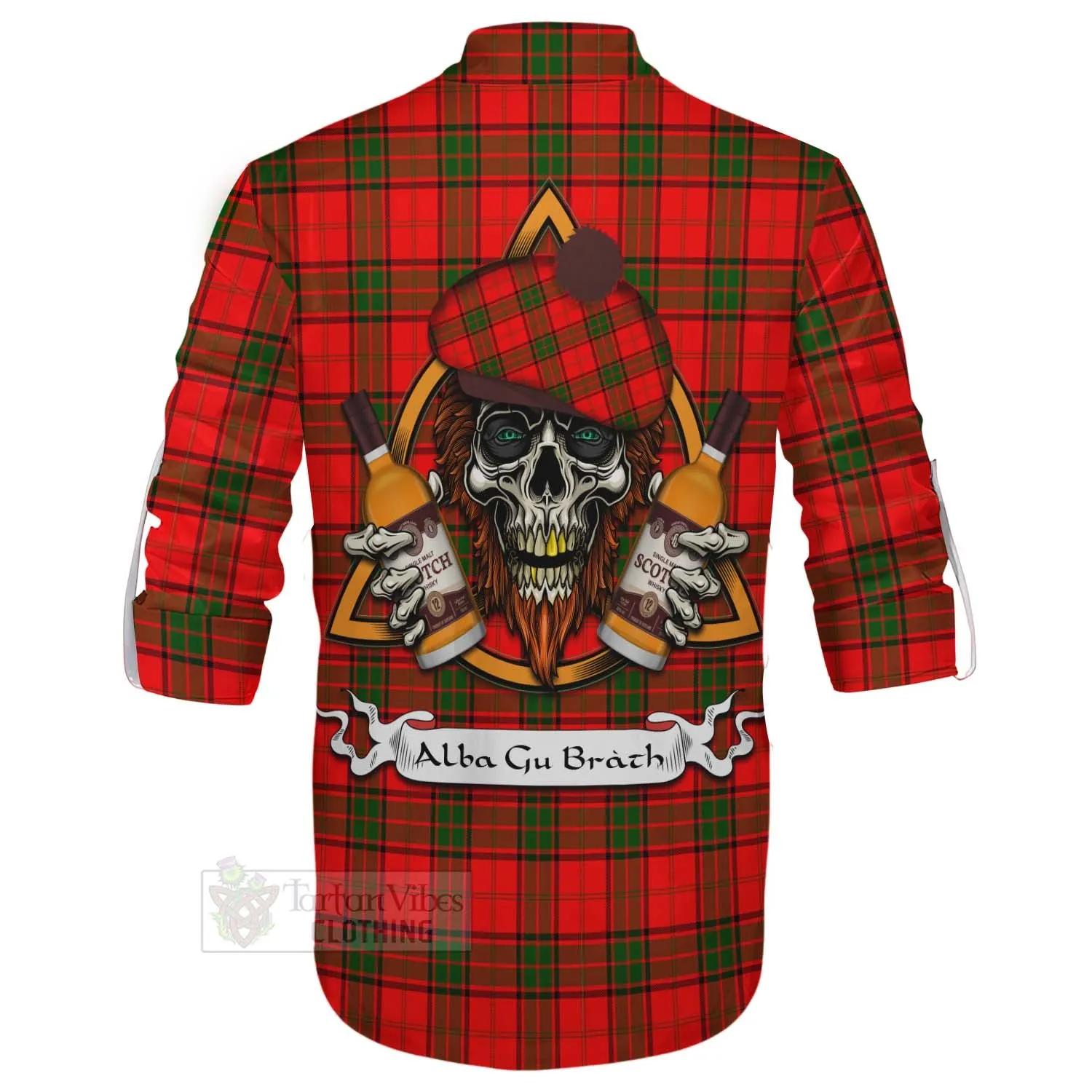 Adair Tartan Ghillie Kilt Shirt with Family Crest and Bearded Skull Holding Bottles of Whiskey