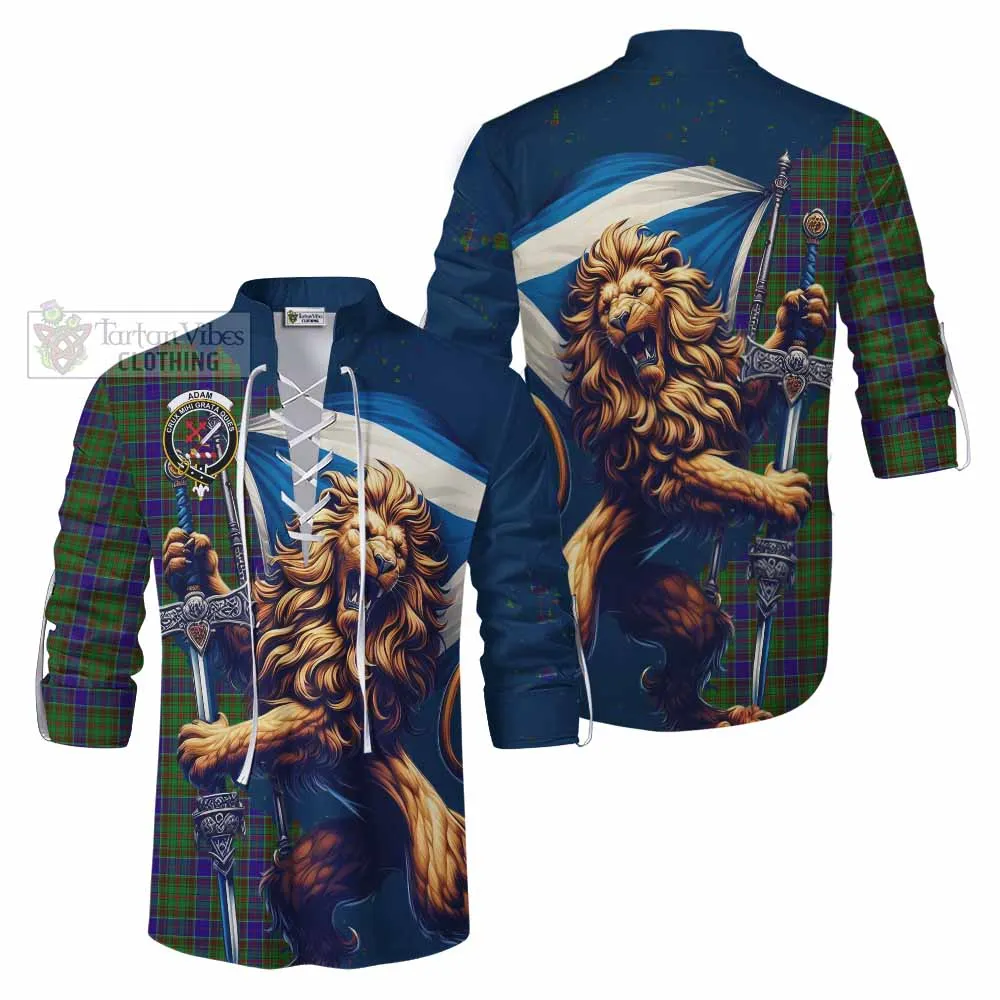 Adam Tartan Family Crest Ghillie Kilt Shirt with Scottish Majestic Lion