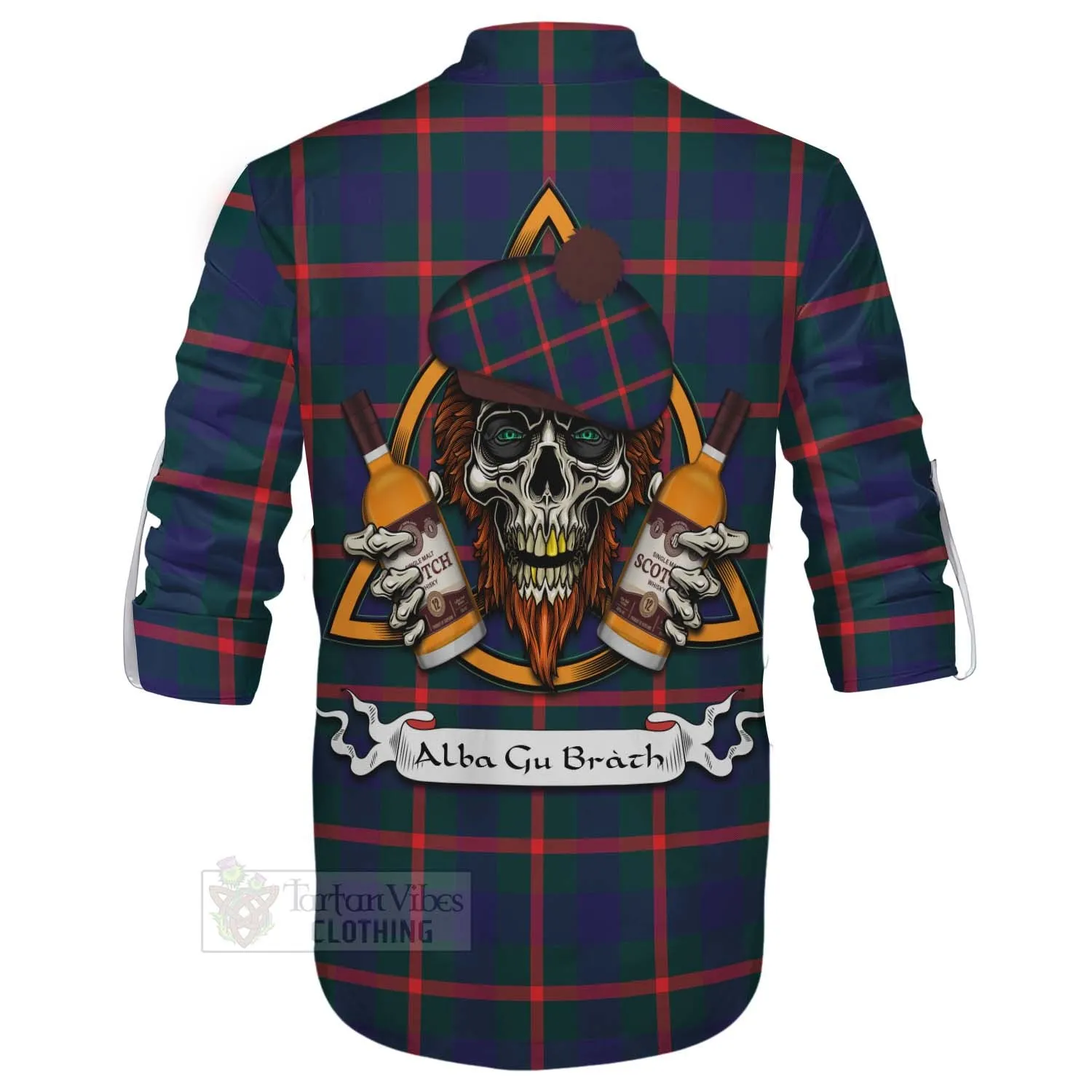 Agnew Tartan Ghillie Kilt Shirt with Family Crest and Bearded Skull Holding Bottles of Whiskey