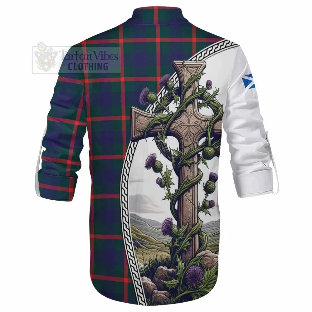 Agnew Tartan Ghillie Kilt Shirt with Family Crest and St. Andrew's Cross Accented by Thistle Vines
