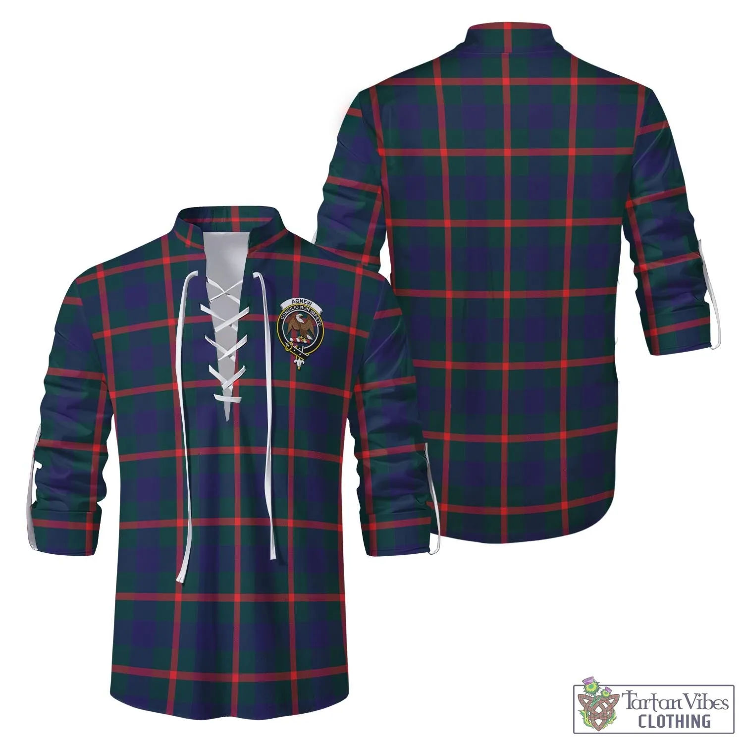 Agnew Tartan Men's Scottish Traditional Jacobite Ghillie Kilt Shirt with Family Crest