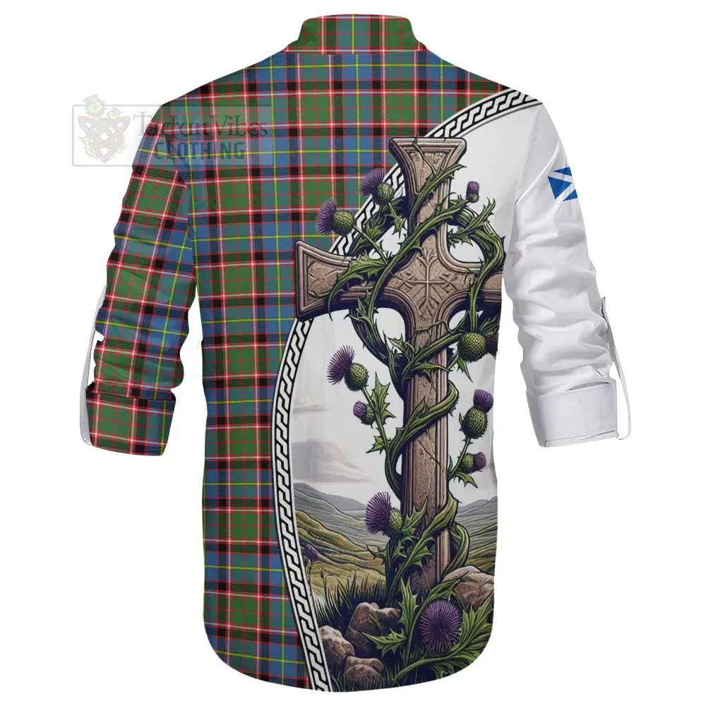 Aikenhead Tartan Ghillie Kilt Shirt with Family Crest and St. Andrew's Cross Accented by Thistle Vines