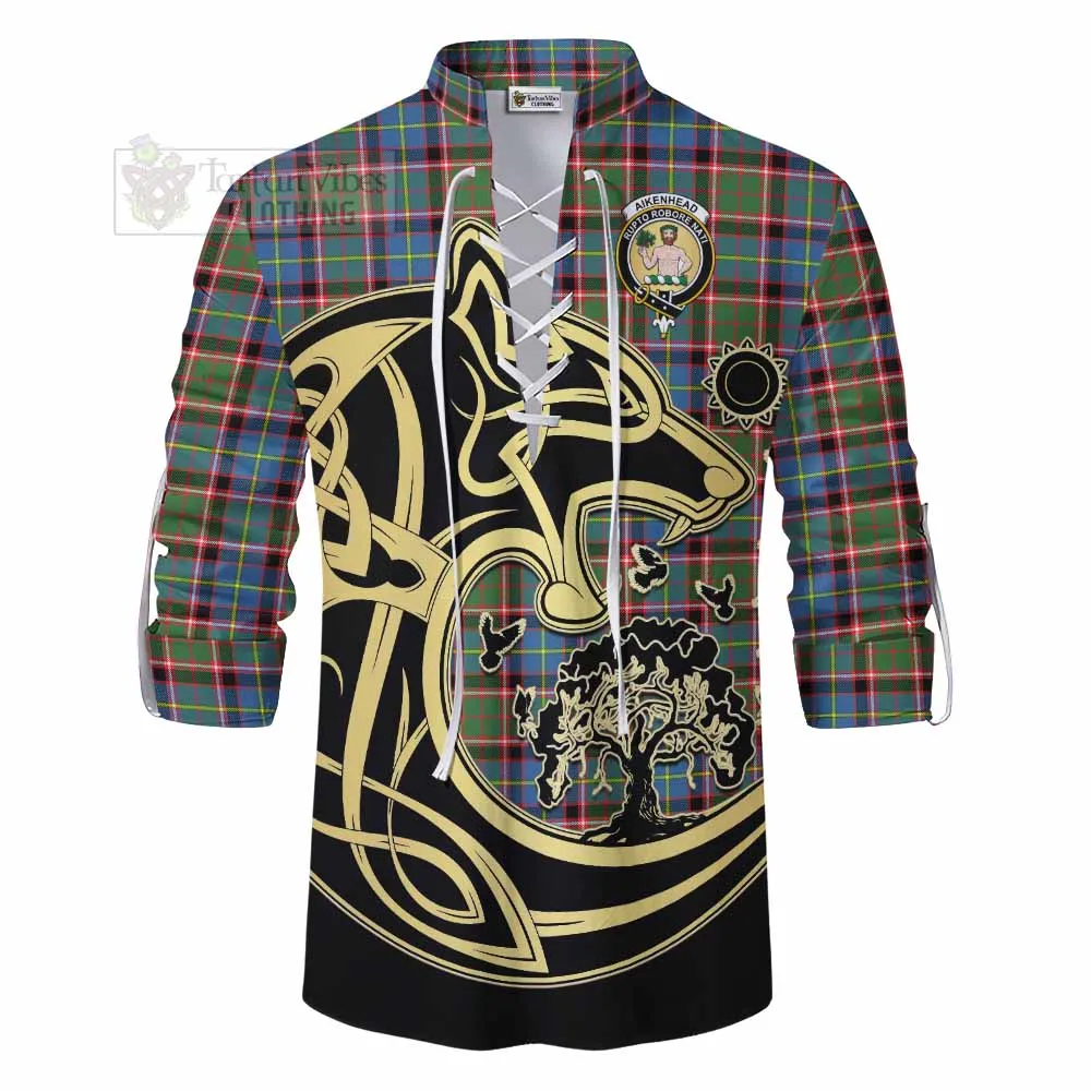 Aikenhead Tartan Ghillie Kilt Shirt with Family Crest Celtic Wolf Style