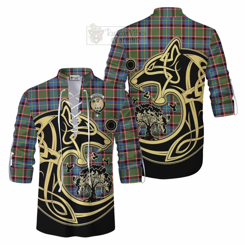 Aikenhead Tartan Ghillie Kilt Shirt with Family Crest Celtic Wolf Style