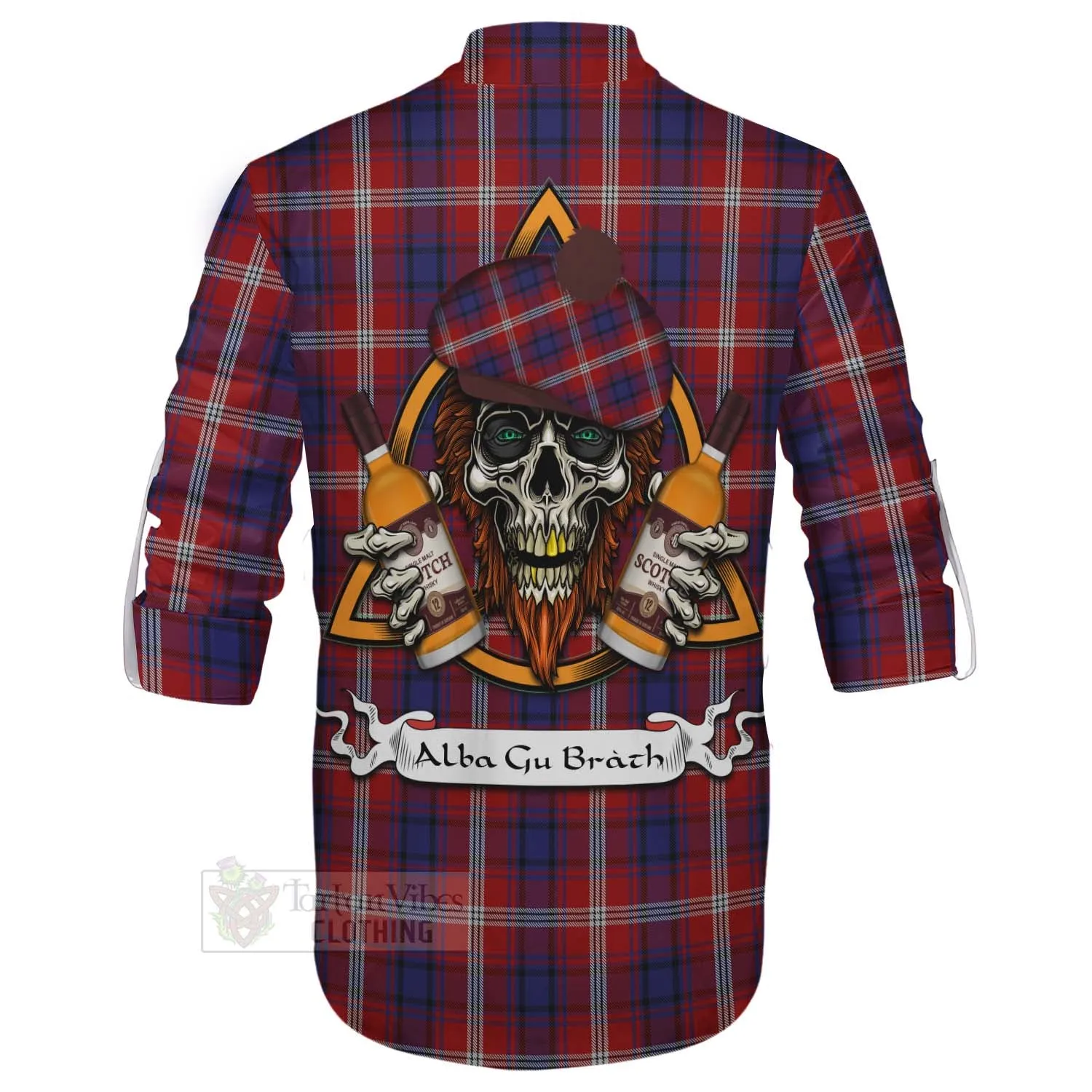 Ainslie Tartan Ghillie Kilt Shirt with Family Crest and Bearded Skull Holding Bottles of Whiskey
