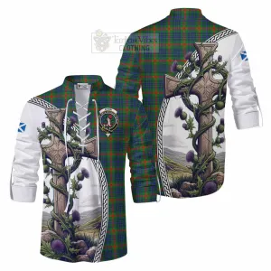 Aiton Tartan Ghillie Kilt Shirt with Family Crest and St. Andrew's Cross Accented by Thistle Vines