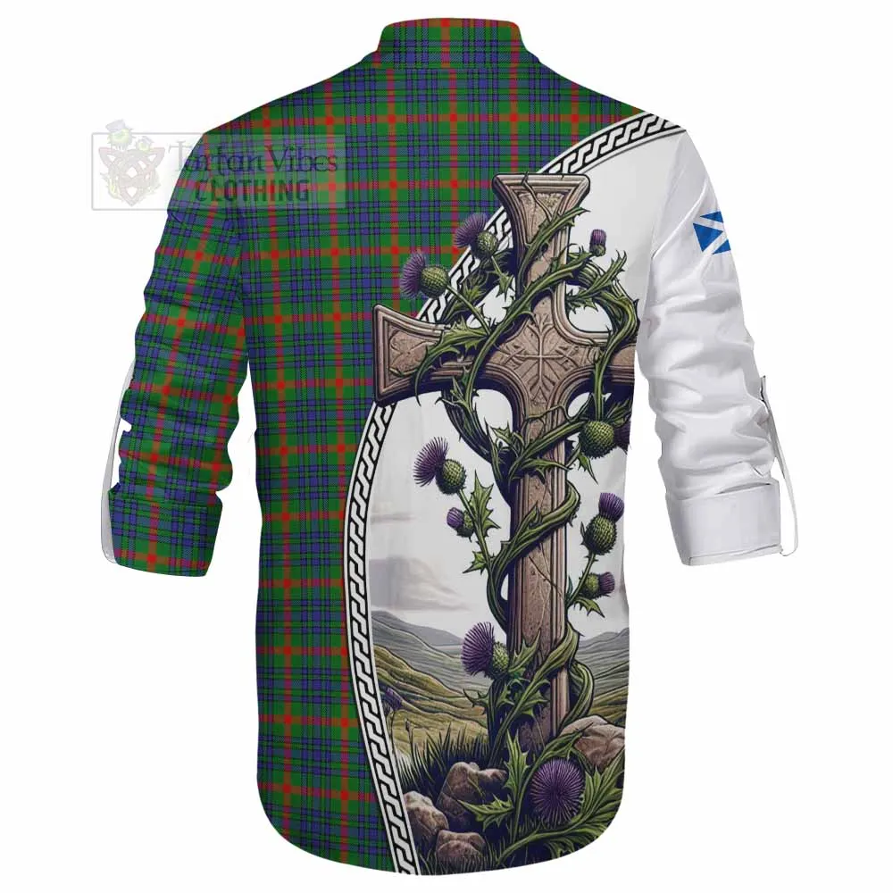 Aiton Tartan Ghillie Kilt Shirt with Family Crest and St. Andrew's Cross Accented by Thistle Vines