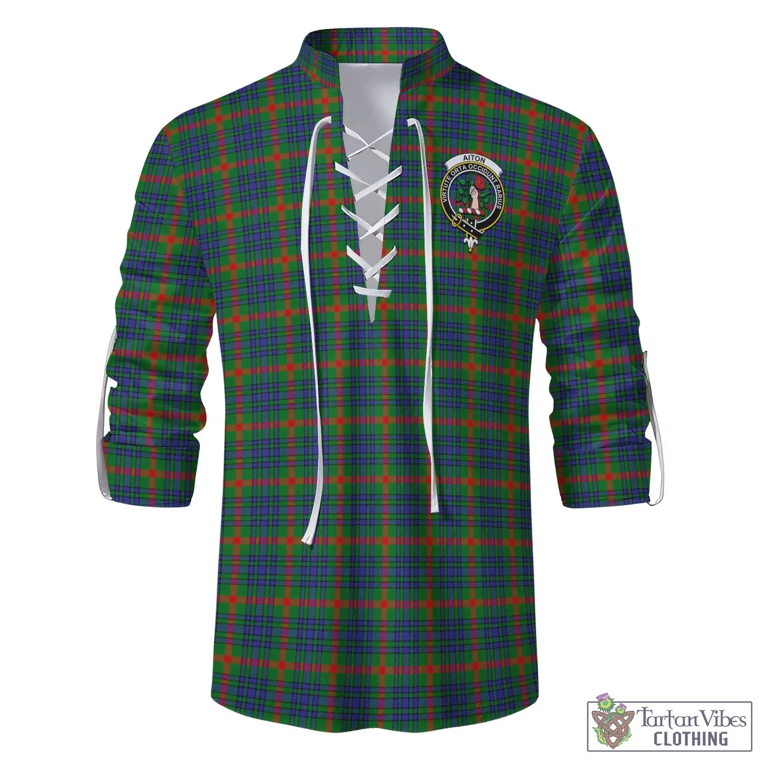 Aiton Tartan Men's Scottish Traditional Jacobite Ghillie Kilt Shirt with Family Crest